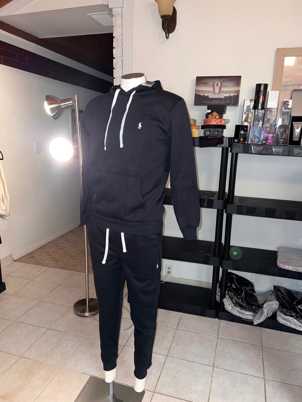 Men’s polo pullover hoodie set black 2XL
